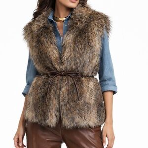 Faux Fur Vest Hook Closure Front Two Pockets Fully Lined w Loops Brown Beige 10